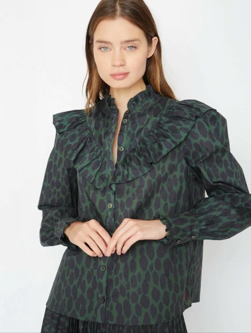 Caballero Ruffle Trim Button Down Blouse Anthropologie Animal Print